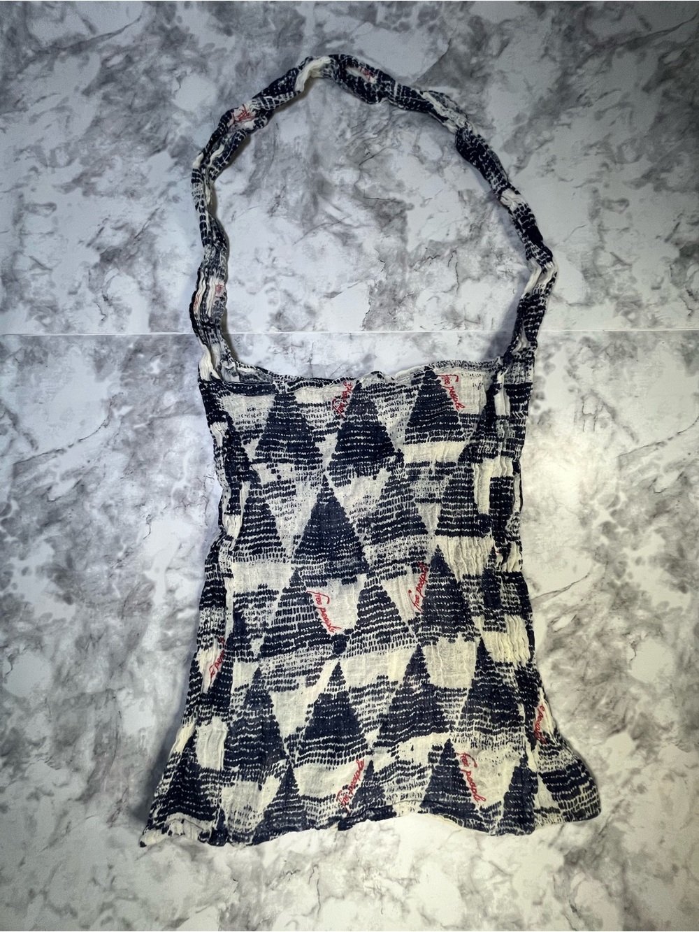 Free People Blue and Cream Patterned Hobo Bag with Red Accents